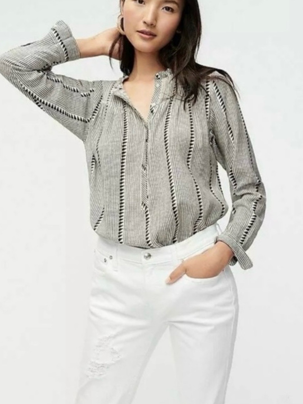 J.Crew Black Off White Geo Stripe Ruffle Neck Button Front Blouse L